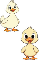 Two cute cartoon ducklings standing and smiling