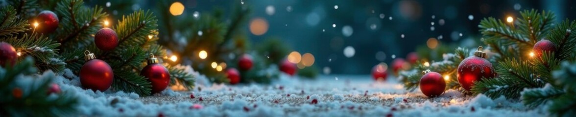 Sparkling snowflakes fall on a festive holiday decorations setup amidst lush greenery, winter, seasonal decor, festive