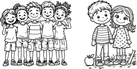 Happy children embracing friendship and education in black and white illustration
