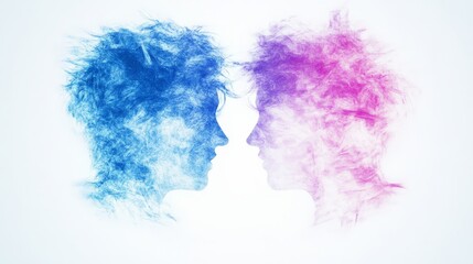 Dual Portraits, Abstract Faces, Intertwined, Pastel Hues