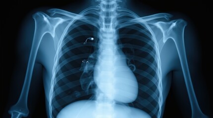 Detailed X-Ray Image of Human Chest Highlighting Ribcage, Lungs, and Heart