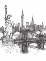 Hand-drawn illustration of New York City skyline