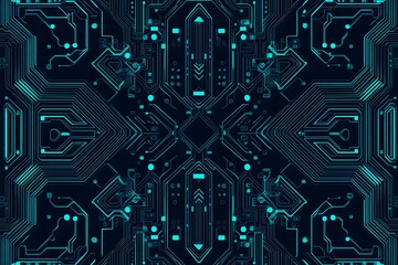 Abstract close-up of a glowing blue digital circuit board, showcasing intricate connections and technological design on a black background.
