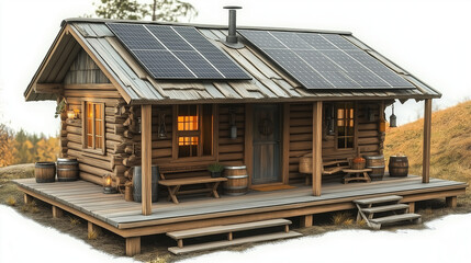 Fototapeta premium Sustainable rustic home with solar panels and vintage countryside aesthetics