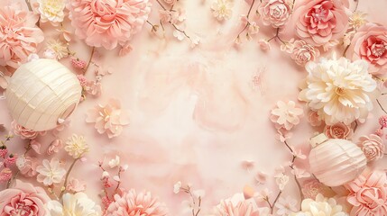 A flat lay of delicate pink flowers and paper lanterns on a pink background.