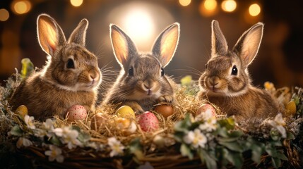 Fototapeta premium Easter Bunnies Nestled with Colorful Eggs