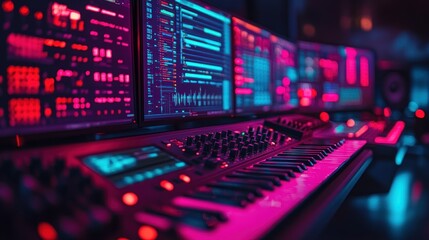 Obraz premium Neon-lit music studio with synthesizer and multiple monitors displaying audio waveforms.
