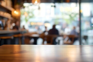 Empty wooden table and blurred background of city restaurant, coffee shop for display of montage product. Bokeh effect. Scene round wood tabletop counter on blur cafe, bar. Banner. Indoor interior