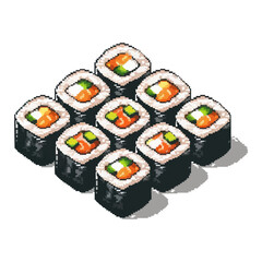Pixel art vector of sushi rolls with salmon and avocado.