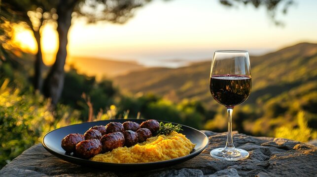 Corsican figatellu sausage served with a side of creamy polenta at sunset