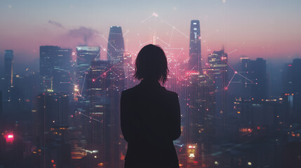 Abstract business woman stands on Smart digital Innovation city with connection network reciprocity over the twilight cityscape. of future wireless digital city and social media networking systems