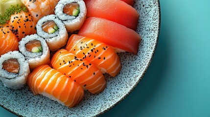 Sushi rolls featuring fresh tuna and salmon sashimi on a stylish gradient background
