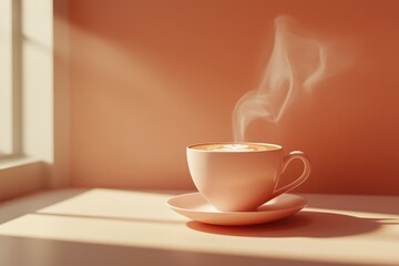 A cup of cappuccino coffee on a table, in beautiful morning light.