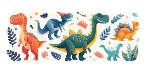 Colorful dinosaur vector art with playful prehistoric creatures and leaves.