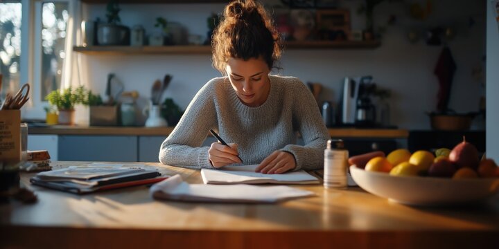 A woman in her kitchen is writing a grocery list on a notepad to help her manage her finances