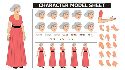 Indian Old Woman in Pink Frock Sprite Sheet | Rigged 2D Character with Lip Sync, Walk Cycle, Eye Blink, Eyebrow Expressions, and Hand Sync | Ready-to-Use for Animation