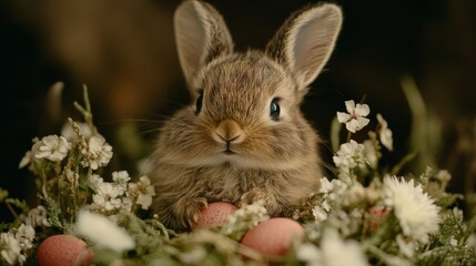Fototapeta premium Easter Bunny Nestled Amongst Spring Blossoms and Eggs (2)