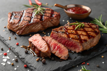 fresh grilled bbq steaks on slate background