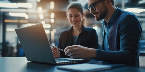 Two business colleagues confer over a laptop