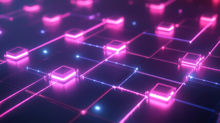 Fototapeta premium A 3D digital interface with interconnected glowing nodes, a dark gradient background, and bright lines connecting the nodes in a grid-like pattern.