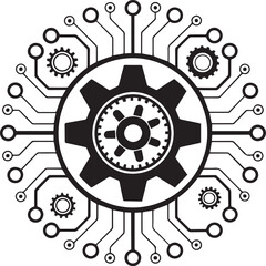 black and white icon of a gear or cogwheel