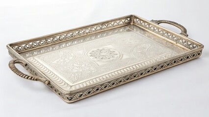 Rectangular Silver Tray with Handles and Intricate Design