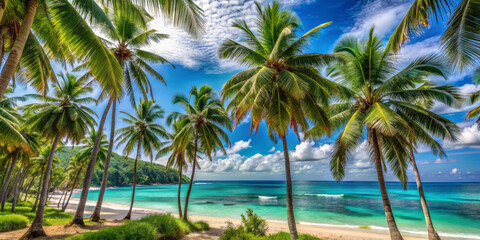 tropical beach scene featuring tall palm trees with slender trunks and vibrant fronds swaying in breeze, overlooking serene turquoise ocean and clear blue sky