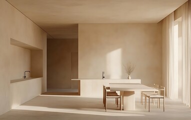 A minimalist home office with an empty wall, a dining table, chairs, and a kitchen counter in the background