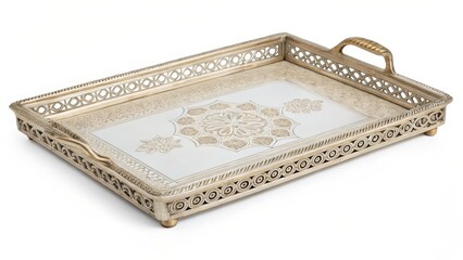 Ornate Rectangular Serving Tray with Glass Top