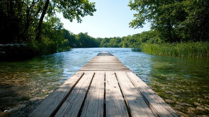 Wooden dock extending into serene lake, lush greenery backdrop, peaceful summer scene, ideal for travel brochures
