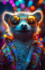 A cute animal dressed in a carnival costume, vibrant and playful colors, detailed outfit with festive accessories, joyful expression, high detail fur texture, whimsical background with confetti and st