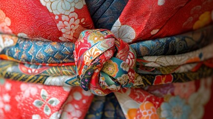 Intricately Tied Obi Belt in Traditional Japanese Fabric Design