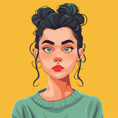 Vibrant vector portrait of a young woman with green sweater and topknot hairstyle.