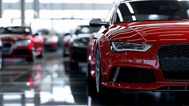 Sleek red sports car in a modern showroom: dynamic views with ambient reflections and lighting. Slow motion video