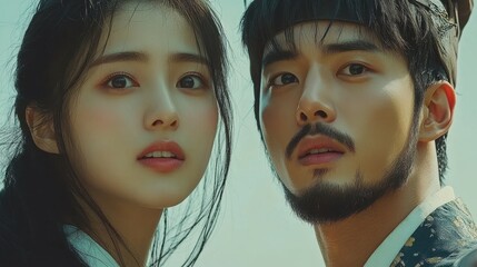 Obraz premium Dramatic Korean Period Drama Scene at Dusk with Intricate Details