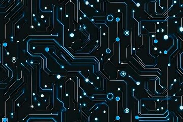 Abstract close-up of a glowing blue digital circuit board, showcasing intricate connections and technological design on a black background.
