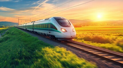 Fototapeta premium Futuristic Train Speeding Through Scenic Landscape at Sunrise