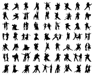 Black silhouettes of dance players on a white background