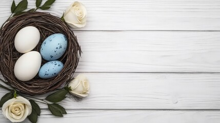 Easter Eggs Nestled in Bird Nest with Roses