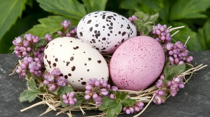 Obraz premium Easter Eggs Nestled in Spring Flowers and Hay