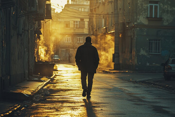 Silhouetted figure walking through a misty alley with golden sunlight