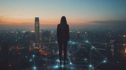 Fototapeta premium Abstract business woman stands on Smart digital Innovation city with connection network reciprocity over the twilight cityscape. of future wireless digital city and social media networking systems