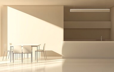 Fototapeta premium A minimalist modern home office setup featuring an empty wall, a dining area with a table and chairs, and a sleek kitchen counter