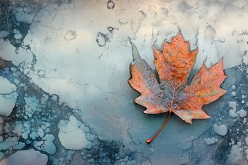 A maple leaf caught on a rainy window, surrounded by intricate water droplets and reflections of cloudy skies.