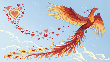 Obraz premium This is a whimsical and vibrant illustration of a phoenix in flight, soaring through a blue sky with fluffy white clouds.