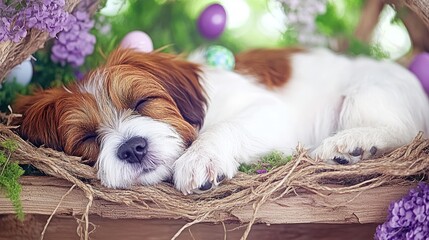 Easter Puppy Sleeping Peacefully in Nest