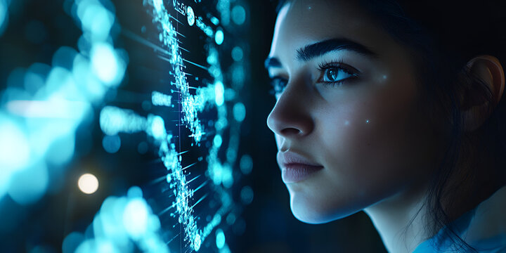 A young woman intensely examines a futuristic digital interface displaying glowing blue data points and holographic structures. Her determined expression highlights technology, artificial intelligence
