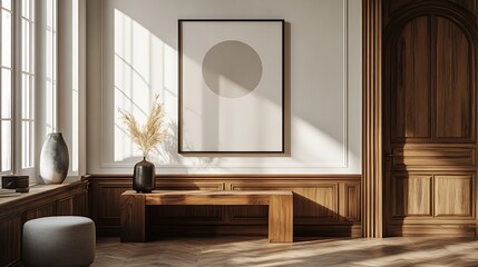 A mockup of an empty blank poster frame on the wall