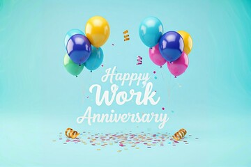 Colorful balloons and confetti with "Happy Work Anniversary" text on a blue background.