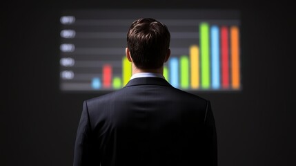 Young caucasian male analyzing colorful bar graph in dark room